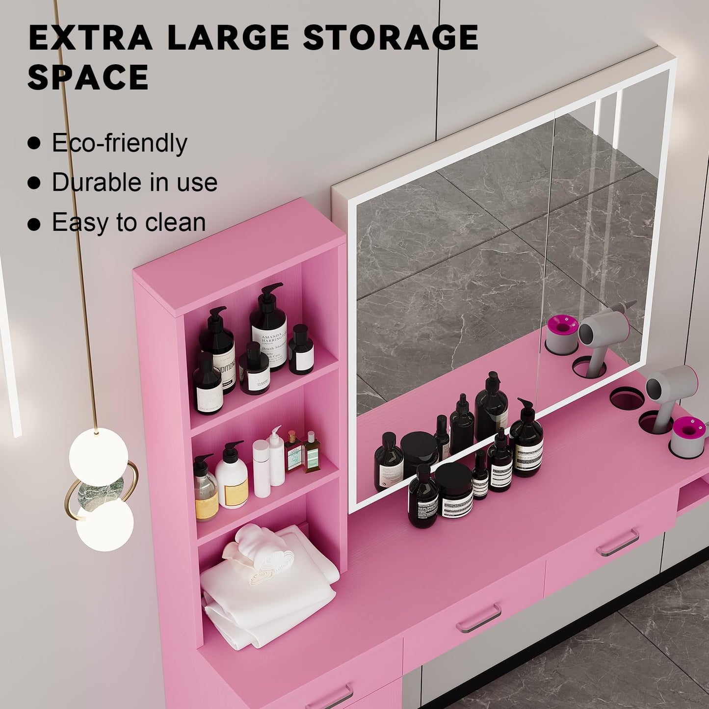 Salon Stations for Hair Stylist, Wall Mount Barber Station with Barber Cabinet, Hair Station Equipment Hair Dryer Holder, Drawers, Storage Cabinet for Hair Styling, Mirror not Included, Pink