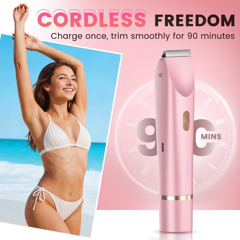 Bikini Trimmer for Women, 2-in-1 Electric Razor with Dual Head, IPX7 Waterproof Body Hair Trimmer for Pubic Hair, Legs, Underarms and Sensitive Areas, Cordless Rechargeable(Pink)