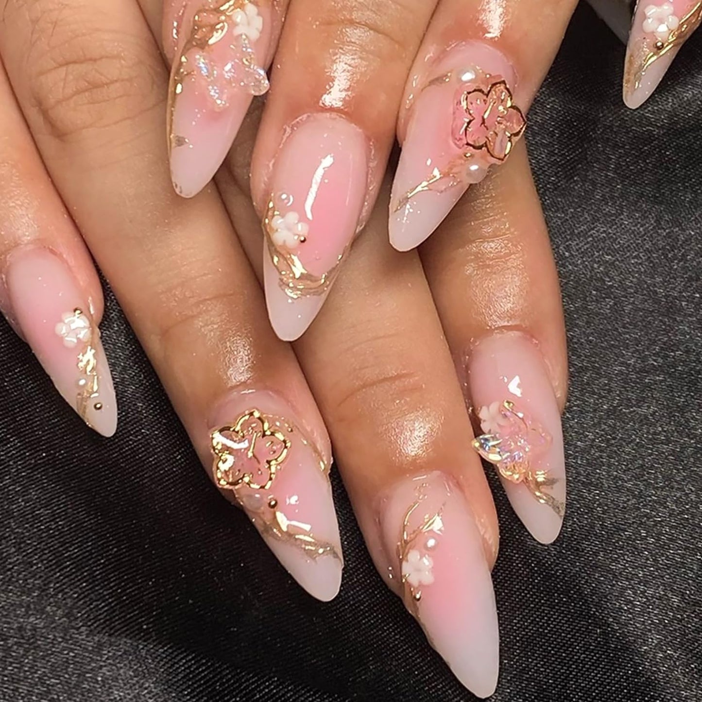 3D Flower Press-On Nails - Medium Square Pink French Tip with Star Rhinestones | Full Cover Artificial Nails for Women