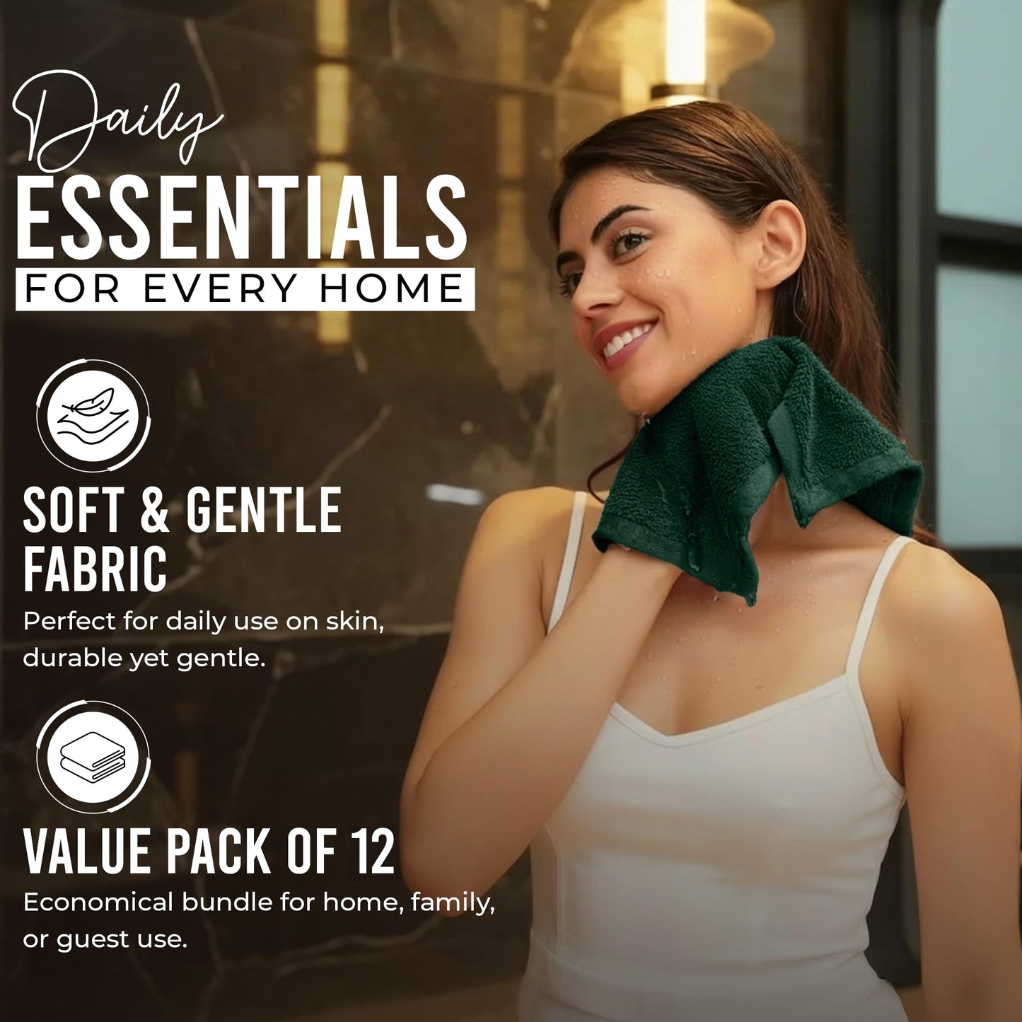 RIVERSIDE 12-Pack Premium 100% Cotton Hunter Green Face Towels for Bathroom [12x12] - Reusable Luxury Face Wash Cloths for Showering - 550 GSM Super Soft & Absorbent Washcloths for Body, Spa & Gym