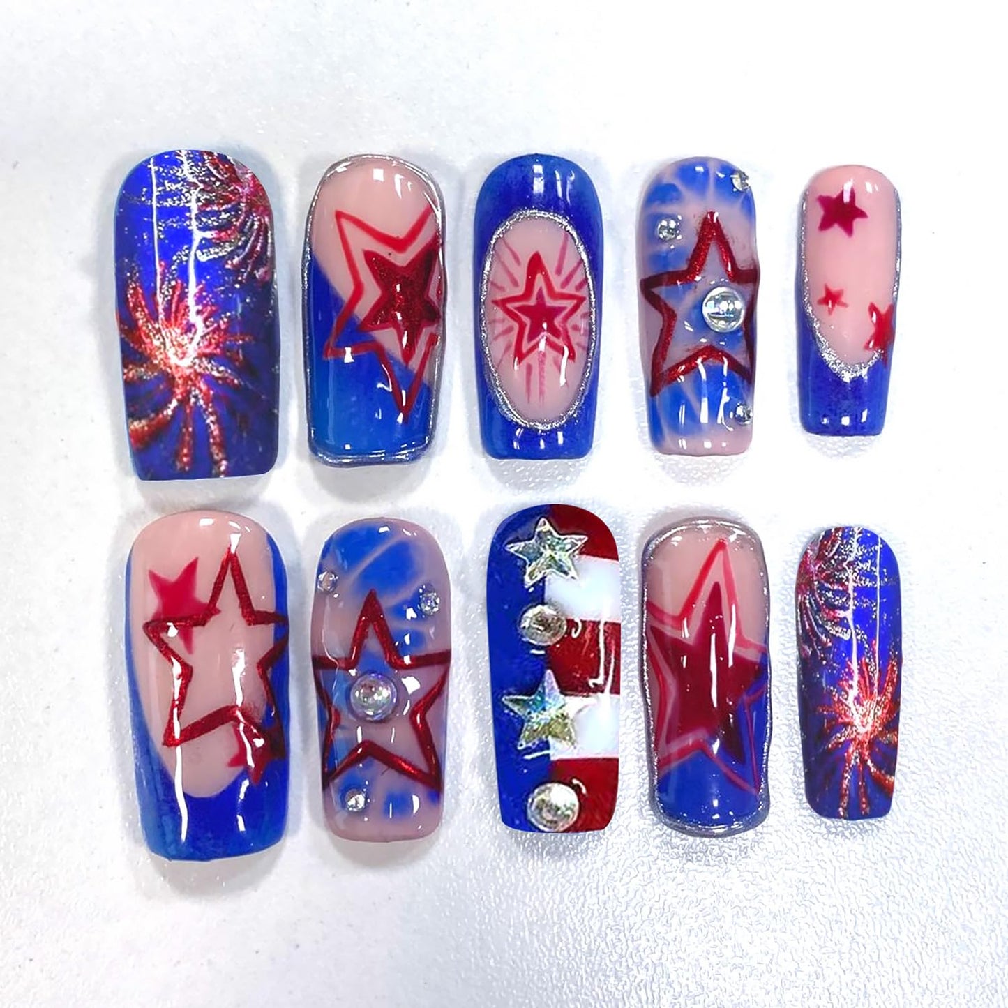 24 PCS 4th of July Press-On Nails | Medium Square Blue French Tip with Red Star Designs for Independence Day