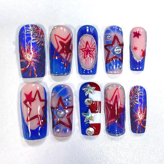 24 PCS 4th of July Press-On Nails | Medium Square Blue French Tip with Red Star Designs for Independence Day