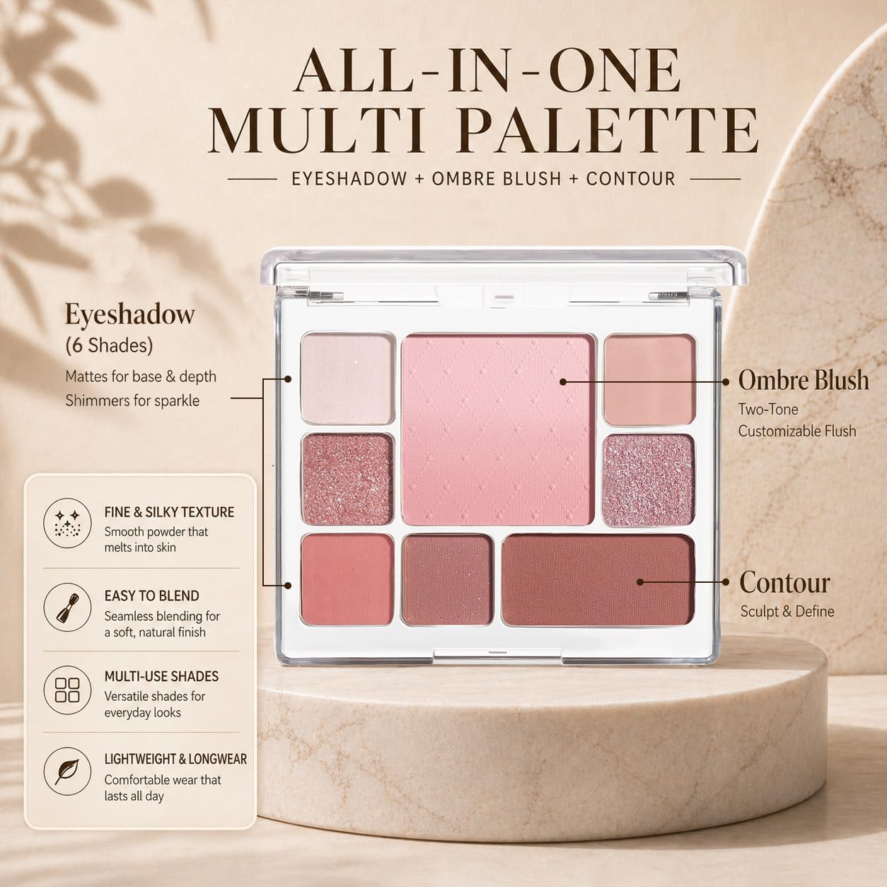 All-in-One Makeup Palette with 6 Matte Shimmer Eyeshadows, Ombre Blush & Contour, Highly Pigmented Blendable Face Palette for Daily Makeup, Travel, Office, Dates & Gift for Women(01 Soft Rosy)