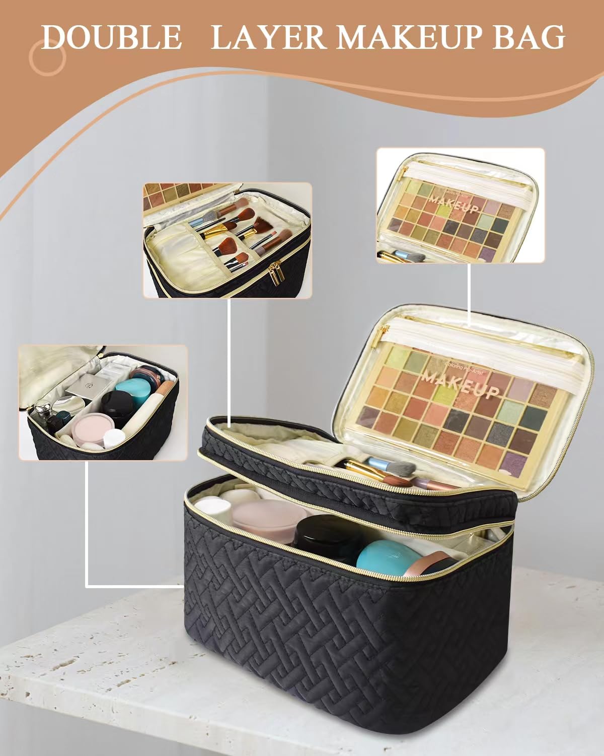 Loyzcy Makeup Bag Organiser for Women, Large Double Layer Cosmetic Make Up Bag with Brush Compartment, Portable and Water-Resistant Toiletry Bag Travel Essentials, Black