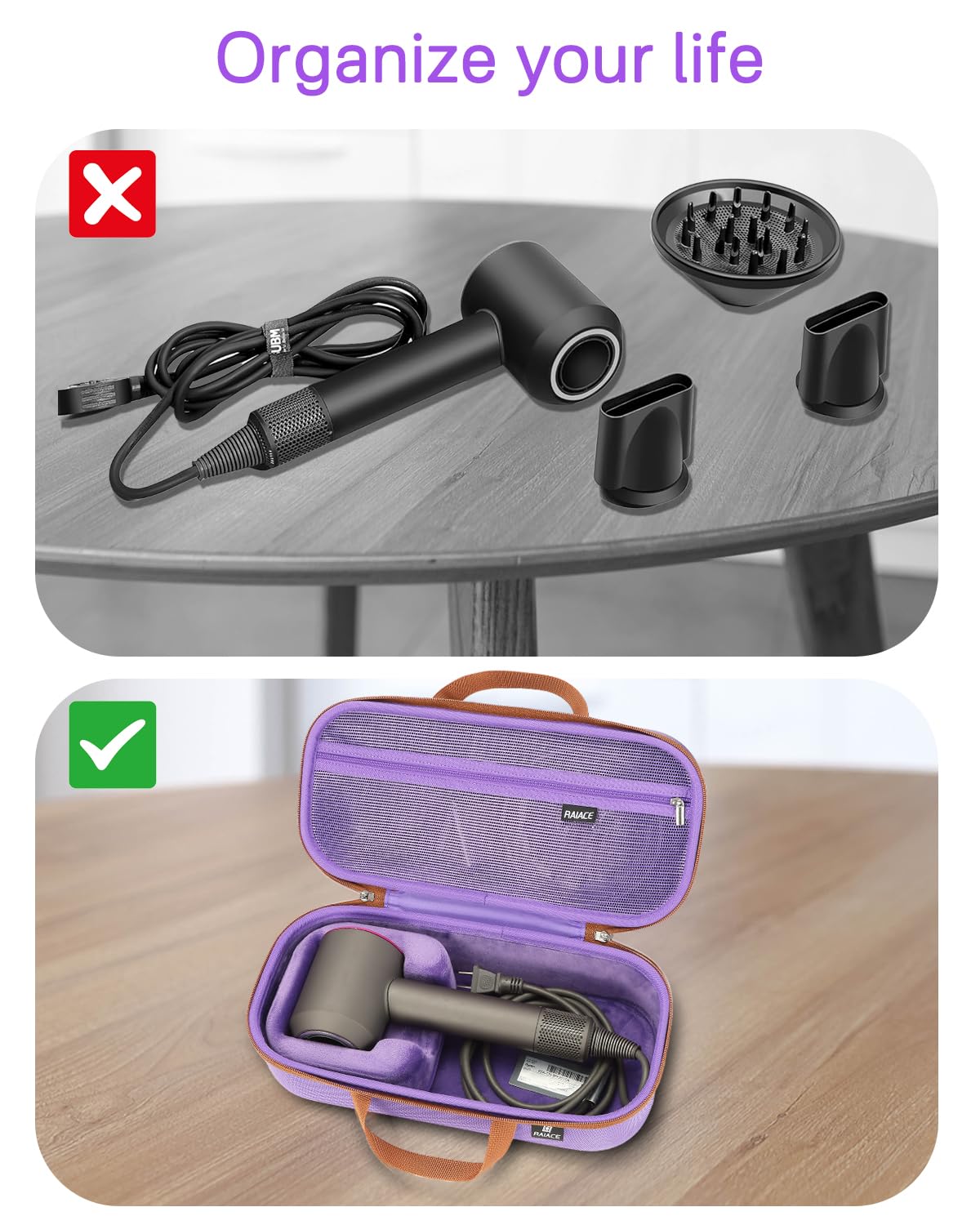 RAIACE Hard Storage Case Compatible with dyson Hair Dryer, Travel Carrying Bag. (for sale is case only). - Purple