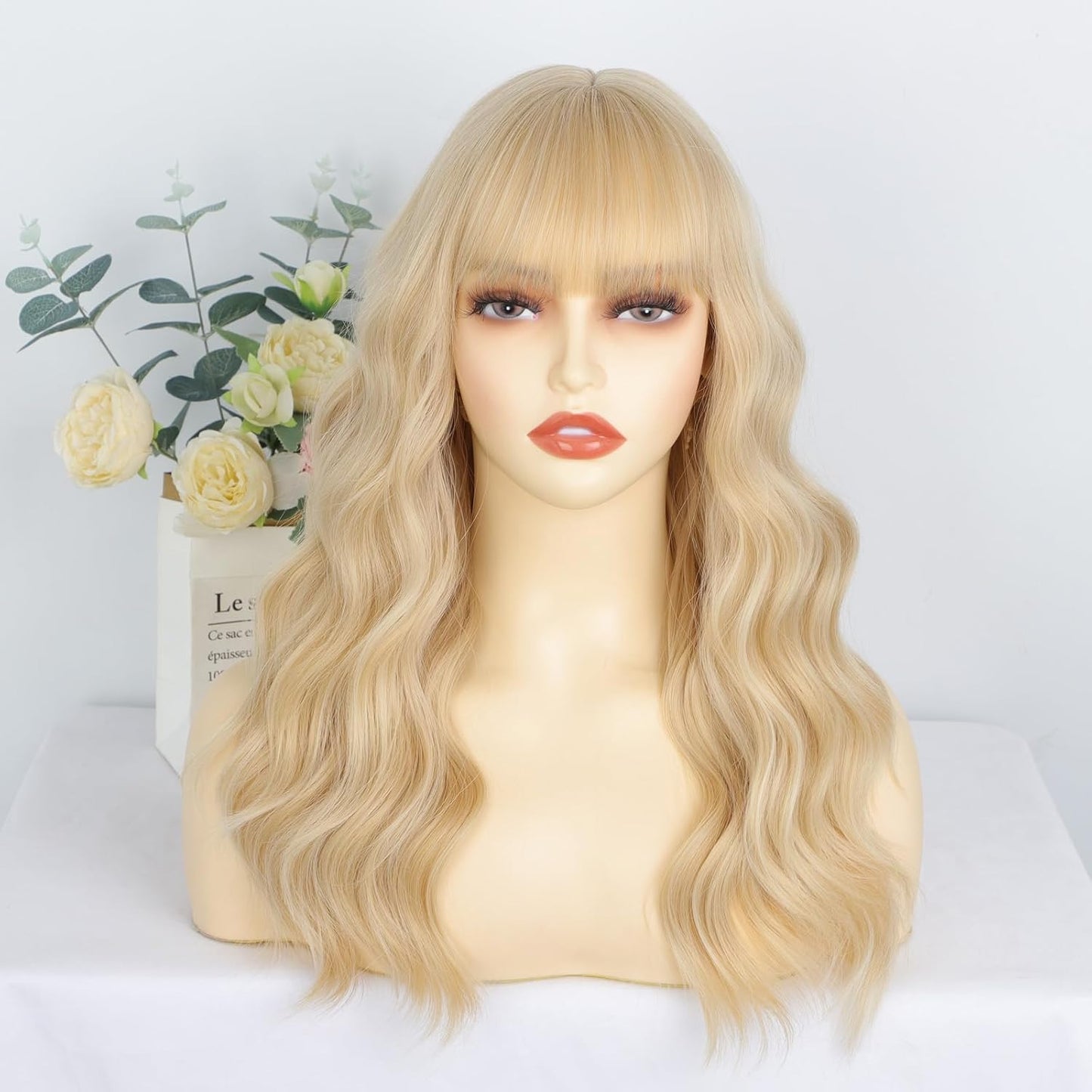 Blonde Wigs for Women - Long Wavy Curly Synthetic Wig with Bangs | Heat Resistant 20 Inch