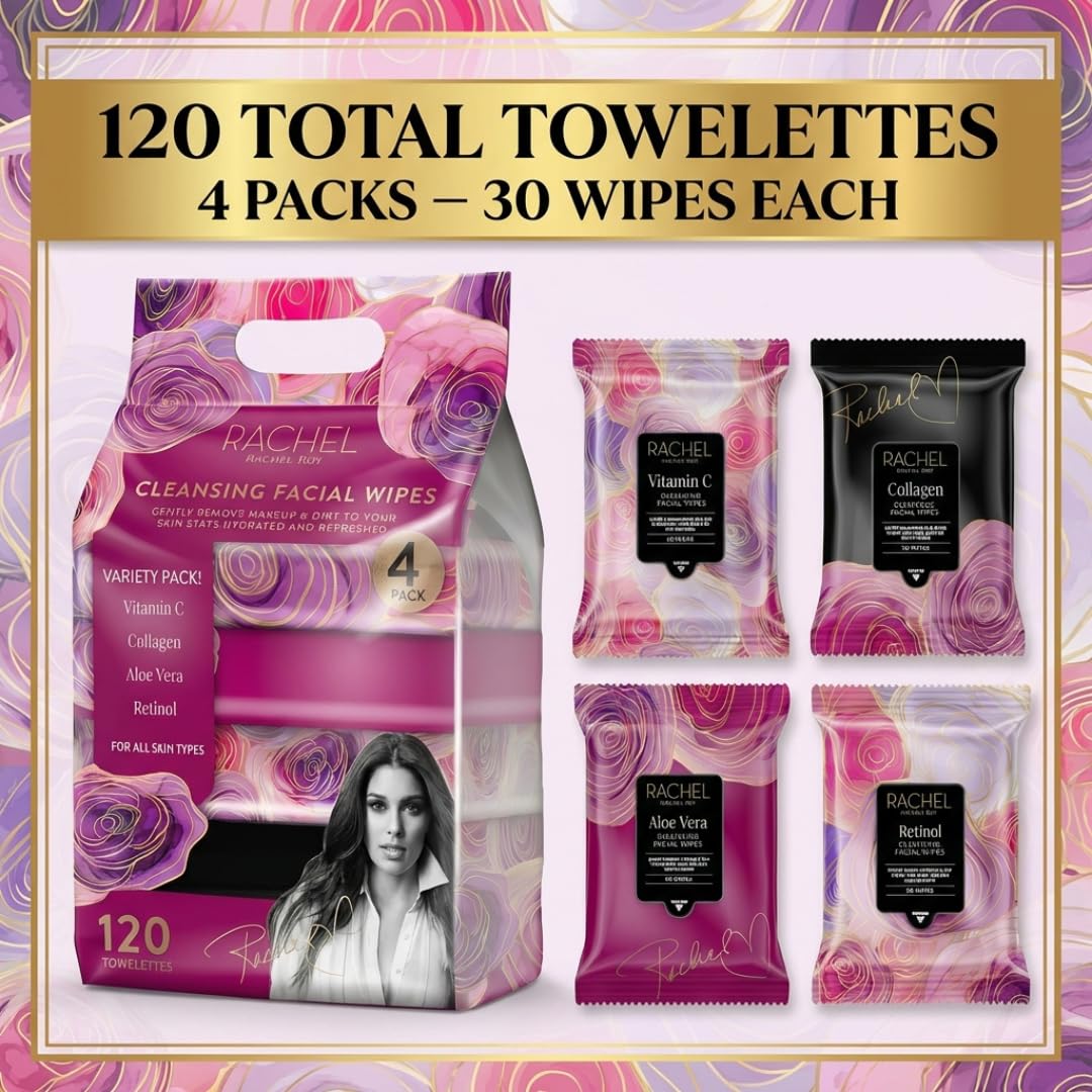 Rachel Roy Face Wipes - Cleansing Makeup Remover Wipes with Vitamin C, Retinol & Aloe Vera | 120 Pack