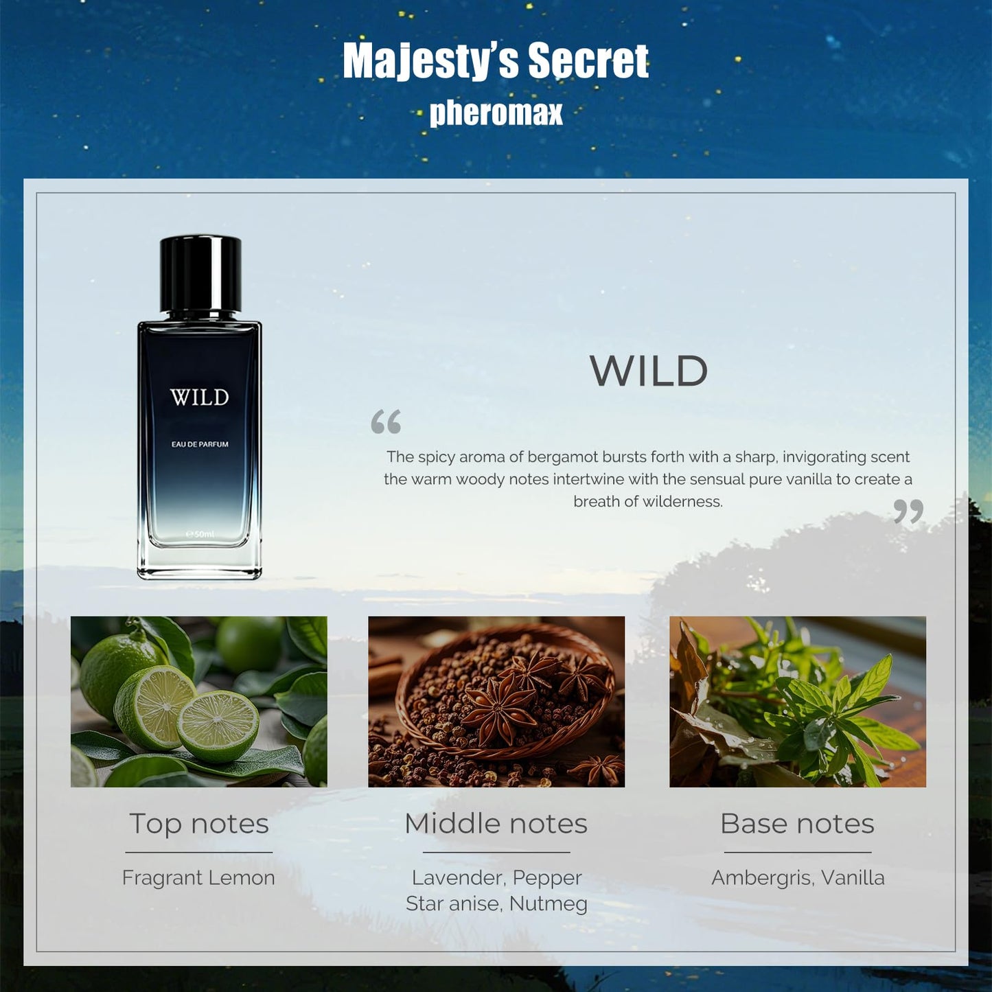 MAJESTY'S SECRET PHEROMAX Wild Eau de Parfum Cologne for Men, 50ml Oriental Fougere Cologne with Bergamot, Lavender & Spices – Long-Lasting Masculine & Unisex Fragrance, Ideal for Daily Wear & Gifts