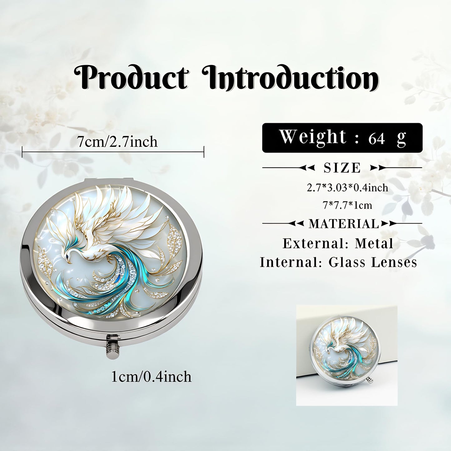 Silver Compact Mirror, 2.8x2.8inch Double-Sided Folding Makeup Mirror with White Phoenix Design, Ideal Gift for Women