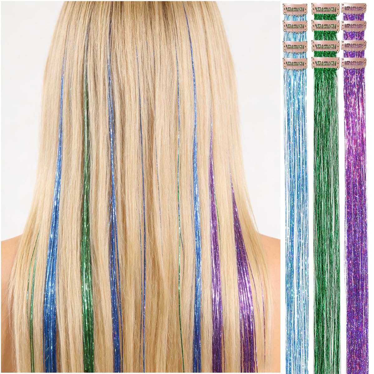 CELINABELLA Clip In Hair Tinsel 12 Pack 3 Colors Emerald Aqua Midnight Orchid 23 Inch 70 Strands Heat Resistant 320°F Invisible Light Brown Clips For Women Teens Party Festival Daily Hairstyles