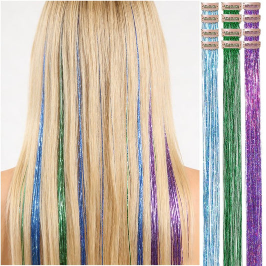 CELINABELLA Clip In Hair Tinsel 12 Pack 3 Colors Emerald Aqua Midnight Orchid 23 Inch 70 Strands Heat Resistant 320°F Invisible Light Brown Clips For Women Teens Party Festival Daily Hairstyles
