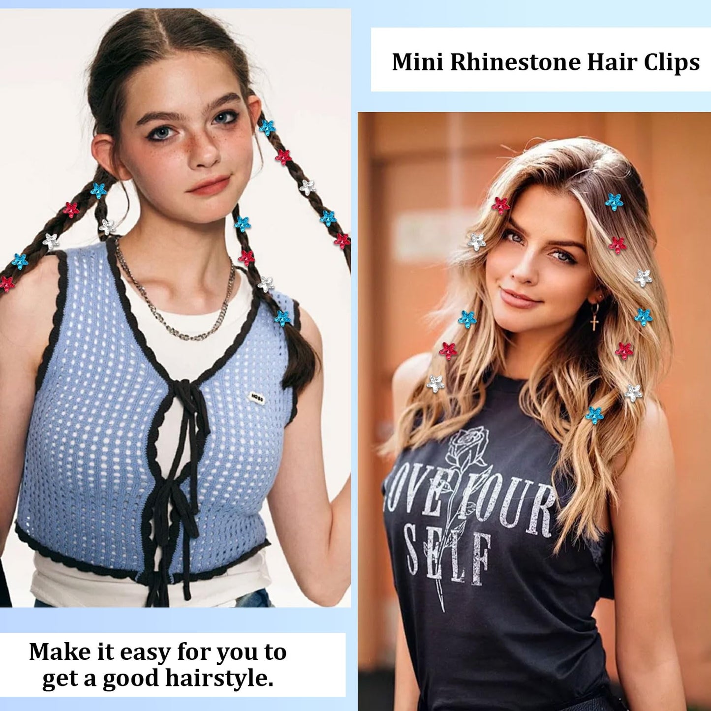 Oblihumoy 30Pcs 4th of July Red Blue White Hair Clips Rhinestone Star Small Hair Clip Independence Day Hair Accessories for Girls Women