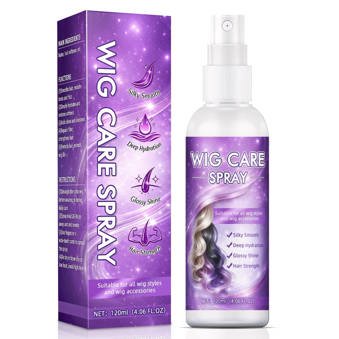 Nozerix Wig Spray, Synthetic Wig Spray, Detangling, Frizz Control, Hydrating Conditioning, Shine Wig Care Spray, for Synthetic and Human Hair Wigs, Wig Accessories, 120ml