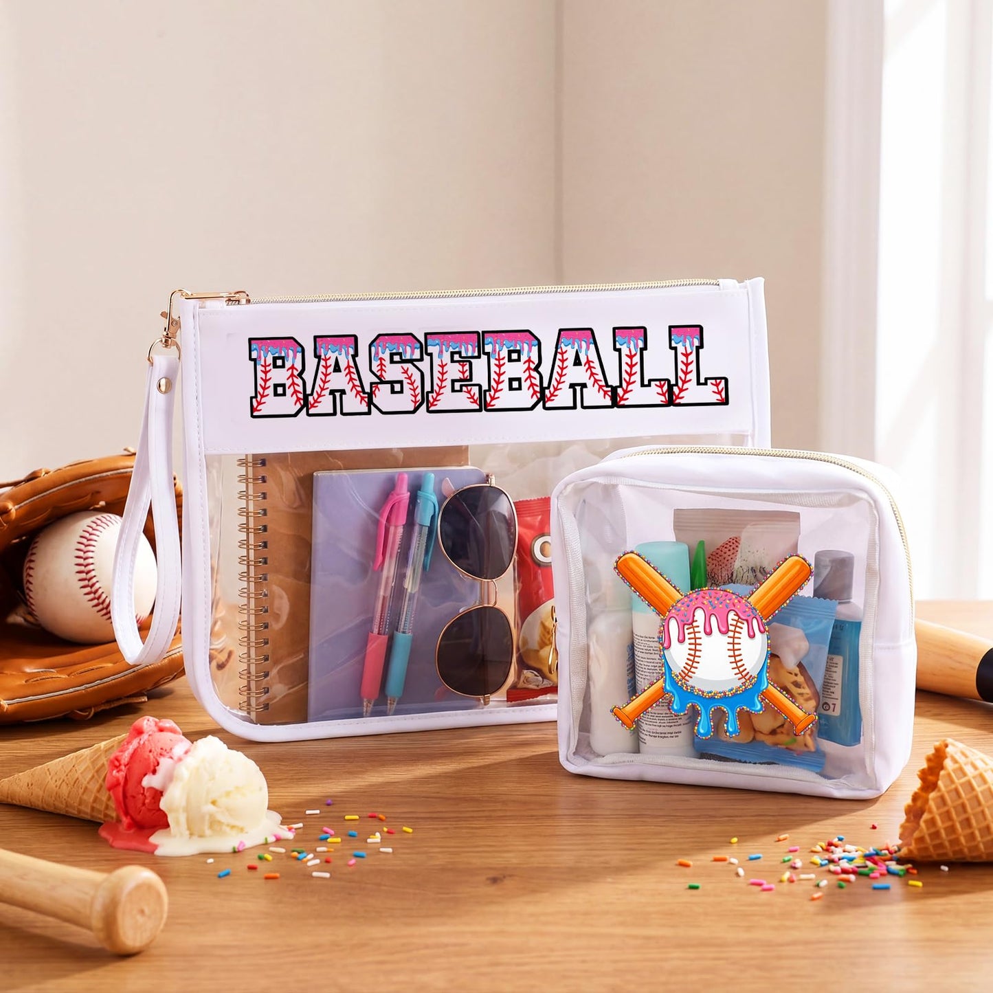 Tallew 2 Pcs Ice Cream Drip Baseball Makeup Bags Gifts Baseball Snack Pouch Mom Essentials Clear Cosmetic Bag Chenille Letter with Zipper Toiletry Purse Accessories Travel Case for Team Sport Gifts