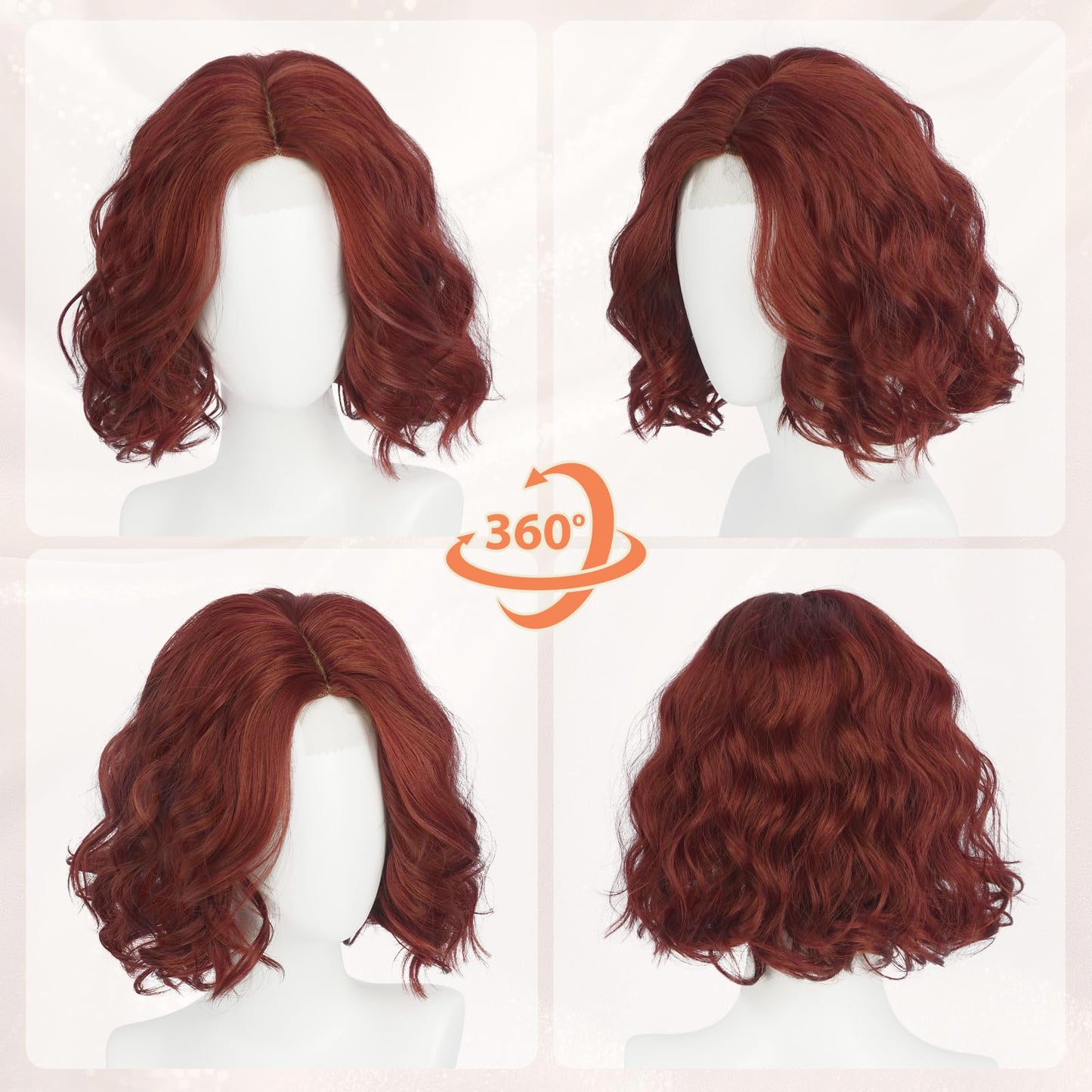 Haloo Burgundy Bob Wig for Women Lace Front Hairline Short Soft Wavy Curly Natural Looking Middle Part Synthetic Hair Wigs for Daily Party, 11 Inch