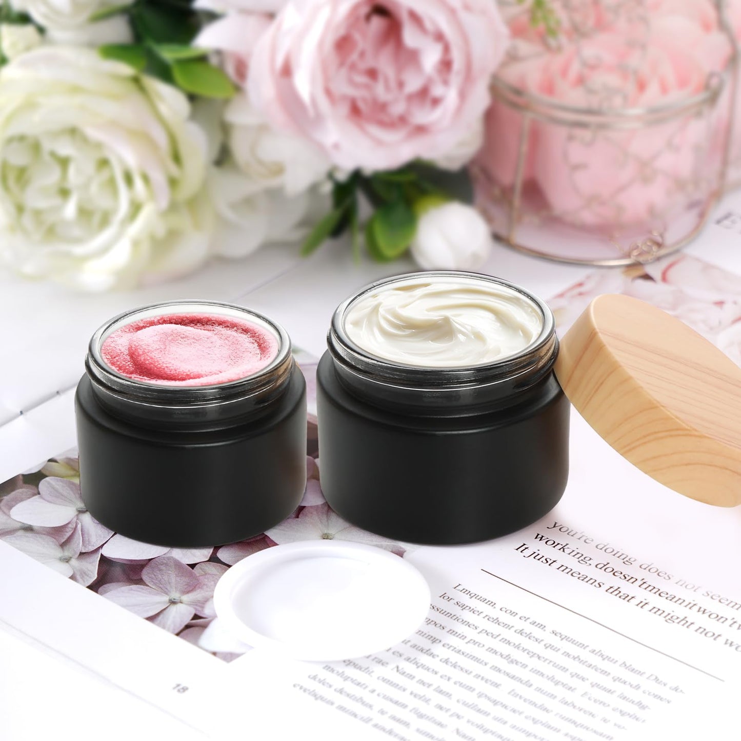 Miayon 6Pcs Glass Lotion Cream Container with Lid Refillable Empty Sample Cosmetic Jar for Makeup Scrub Cream Toiletries Home Travel (Black,15ml,30ml,50ml)