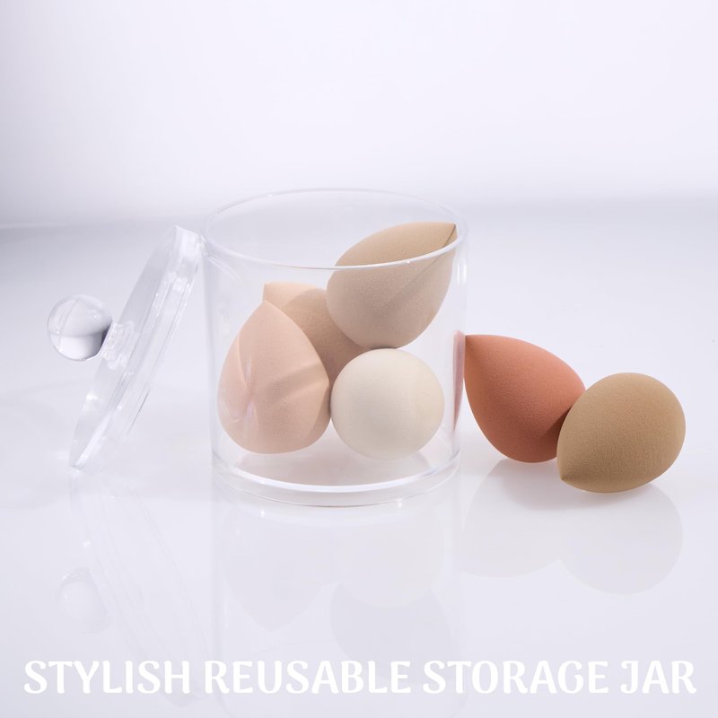 6pc Premium Makeup Blender Set -Professional Nude Beauty Sponge Collection with Bonus Reusable Organizer Jar - Flawless Foundation & Concealer Applicators