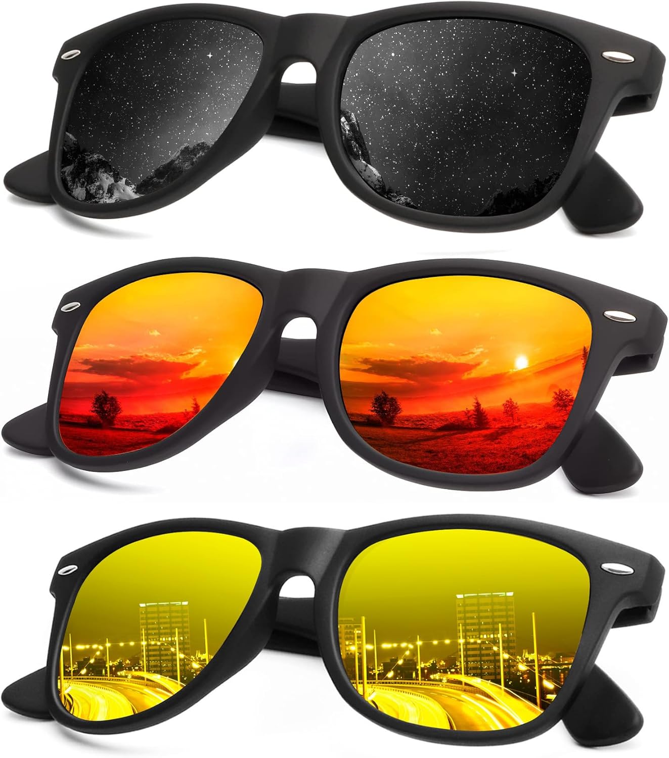 KALIYADI Polarized Sunglasses - Matte Finish, UV Blocking, Color Mirror Lenses | 3-Pack for Men & Women