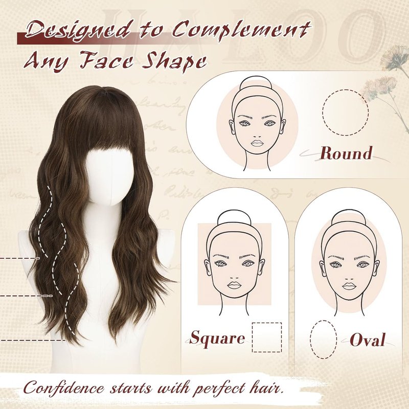 Brown Wigs with Bangs - 20 Inch Soft Wavy Synthetic Heat Resistant Hair Wig for Women | Natural Look, Brown with Highlights