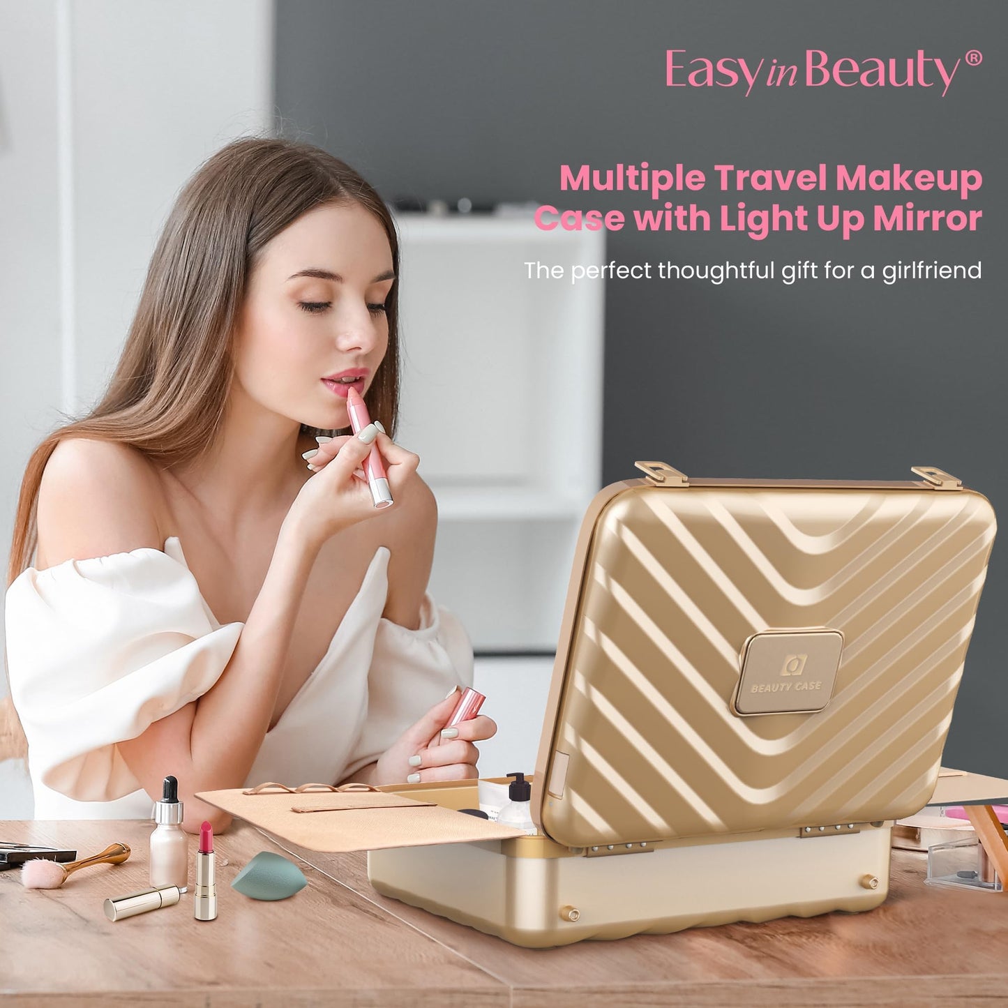 EASYINBEAUTY Makeup Travel Case with LED Lighted Mirror, Golden