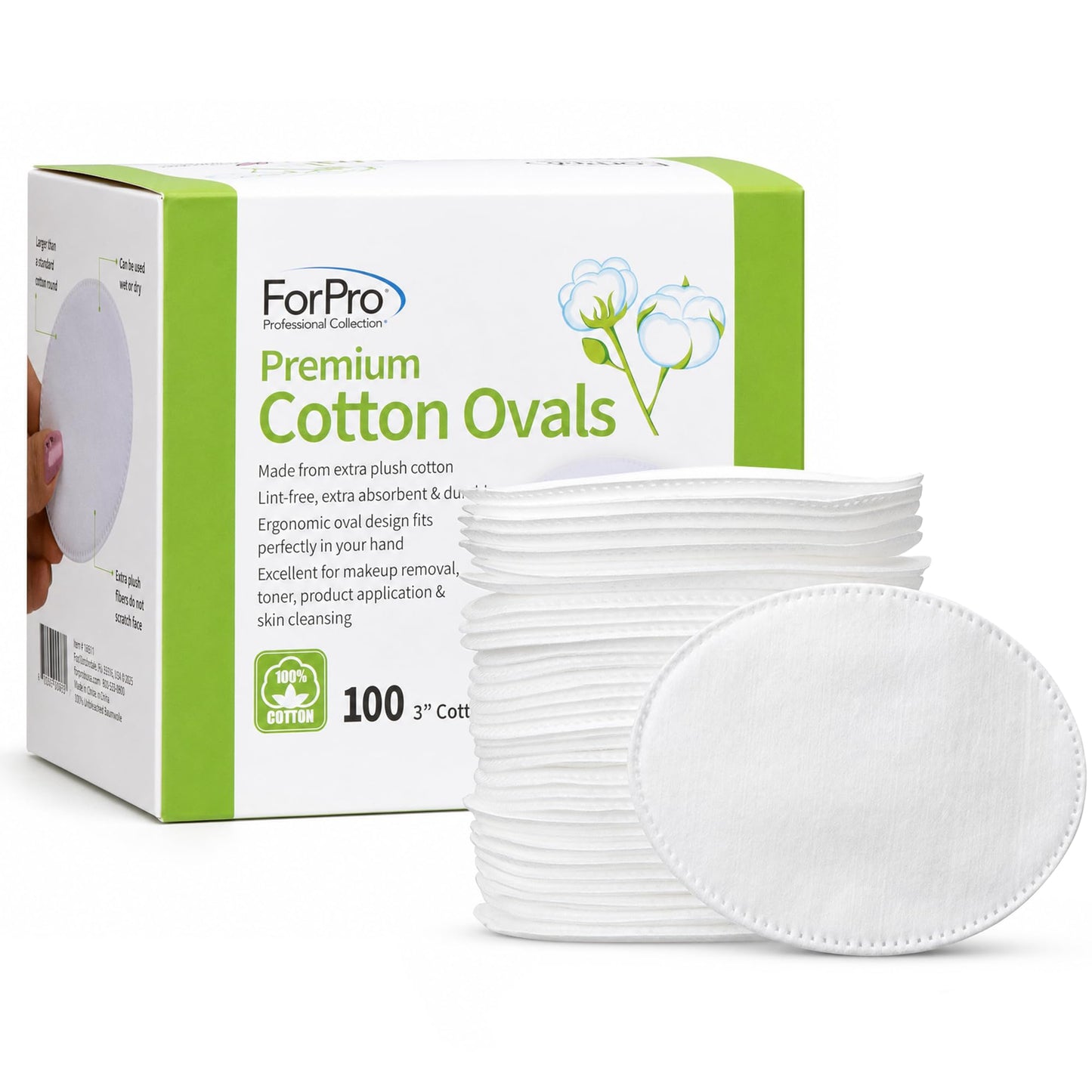 ForPro Premium 100% Cotton Ovals (100-Count), Ultra-Plush Extra-Absorbent Lint-Free 3" Cotton Pads for Makeup Removal, Cleansing and Skincare Application, Hypoallergenic, Vegan & Cruelty-Free
