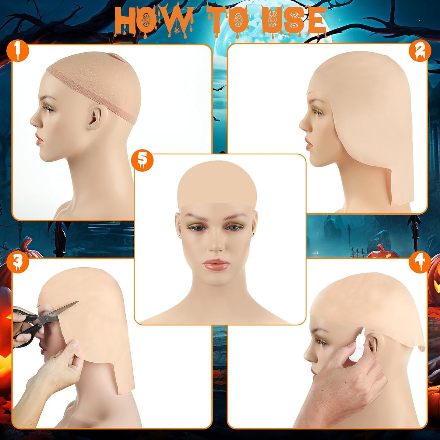 Halloween Bald Cap for Women - Latex Makeup Head Caps for Costume Parties | 2/4/6/8 Pack