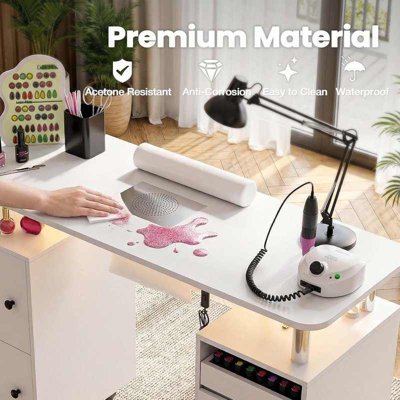 Nail Tech Table with Dust Collector & LED Light - Rolling Manicure Desk with Storage Drawers & Lockable Wheels | Acetone-Resistant Beauty Workstation (White)
