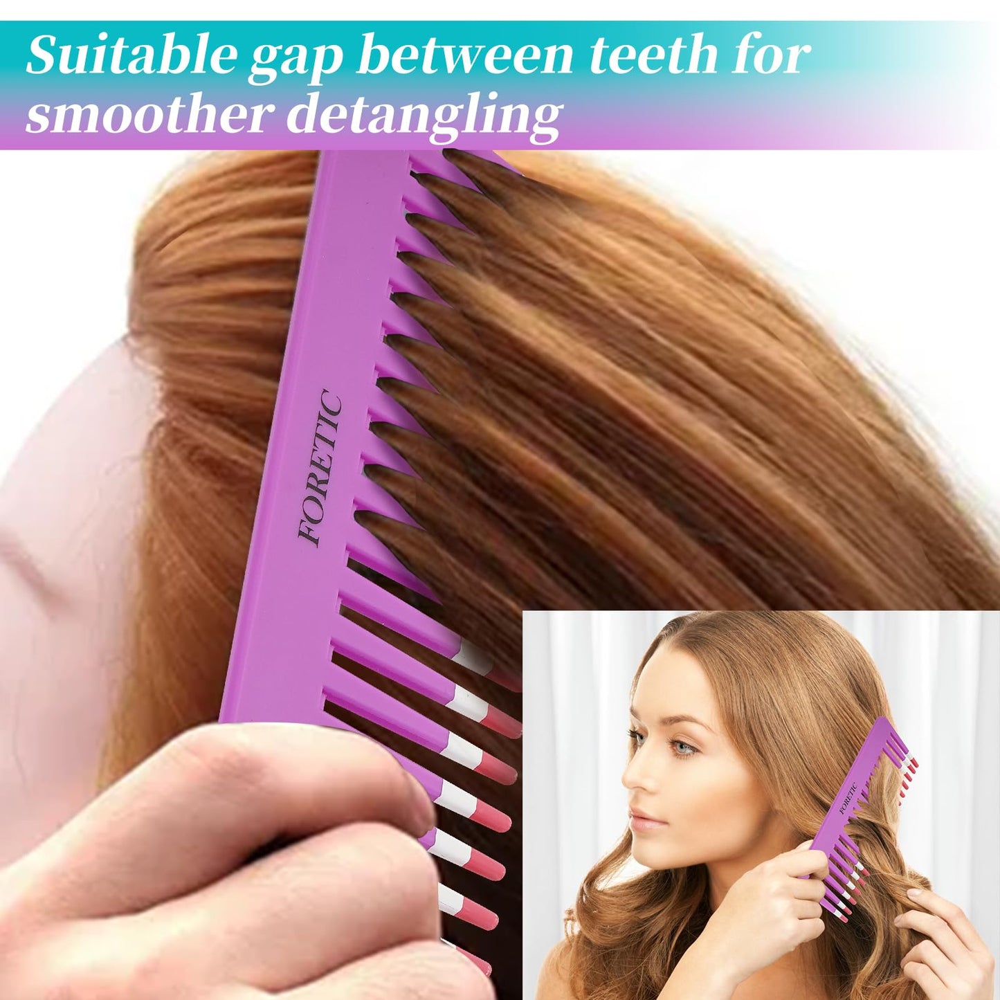 Foretic 2-Pack Wide-Tooth Anti-Static Comb Set-6.1inch Handle-Free Design, Suitable for Curly, Wet & Dry Hair, Portable Travel Detangling Comb (Purple+Blue)