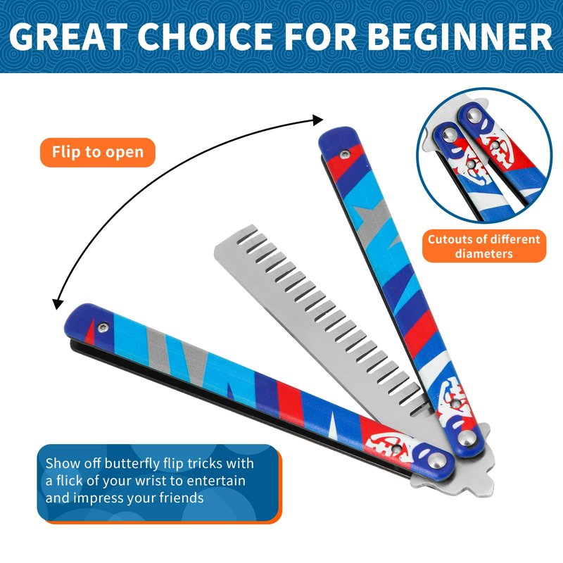 SVNR Butterfly Comb, Stainless Steel Folding Practice Combs, 3D Color Printing Tactical Butterfly-Open Pattern Knife Trainer for Sport Outdoor Use (Blue)