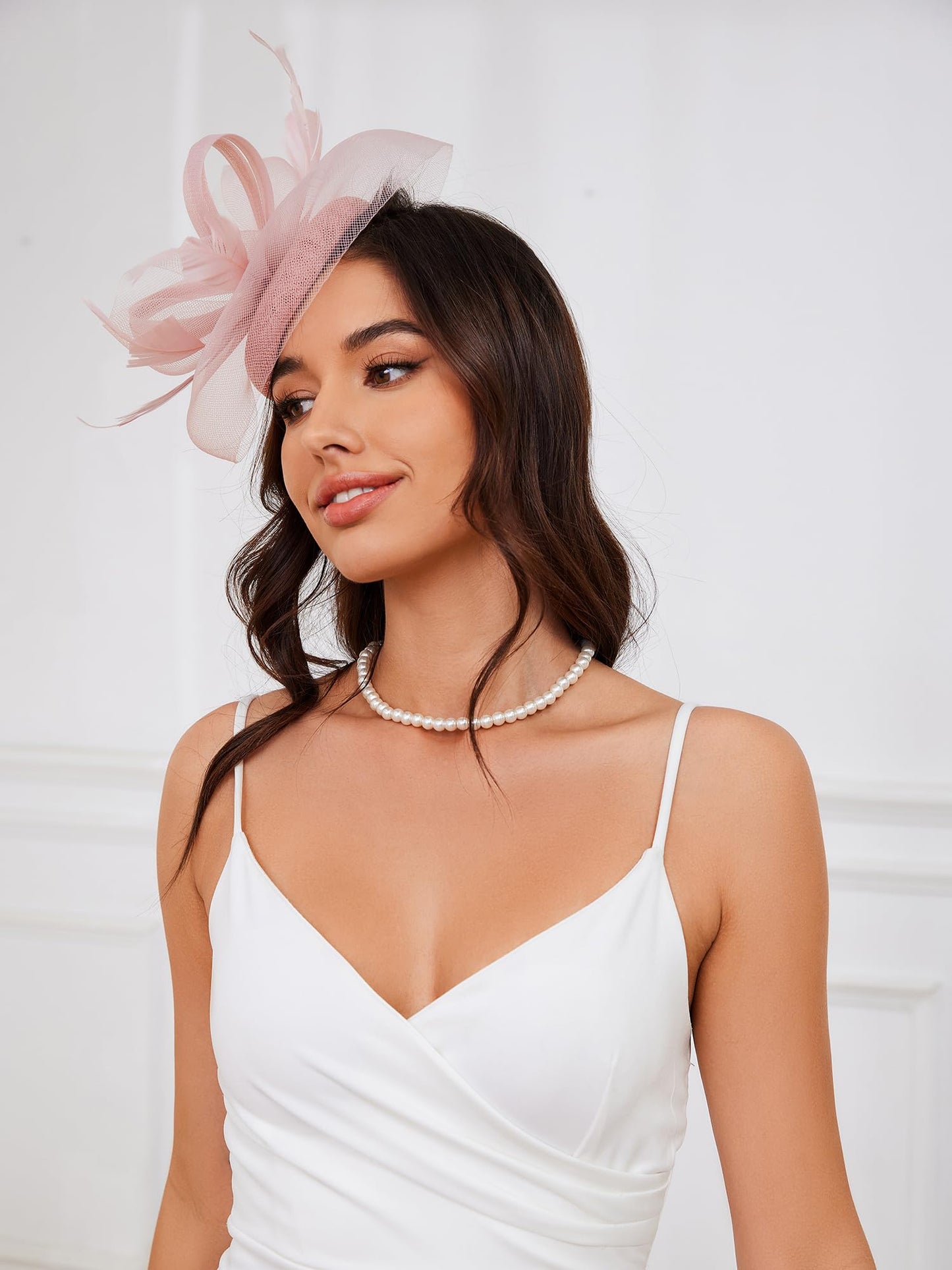 Ibeauti Fascinator Hats with Screentouch Lace Gloves Set for Women Tea Party Cocktail Wedding Derby Headwear Short Gloves (07 Nude Pink)