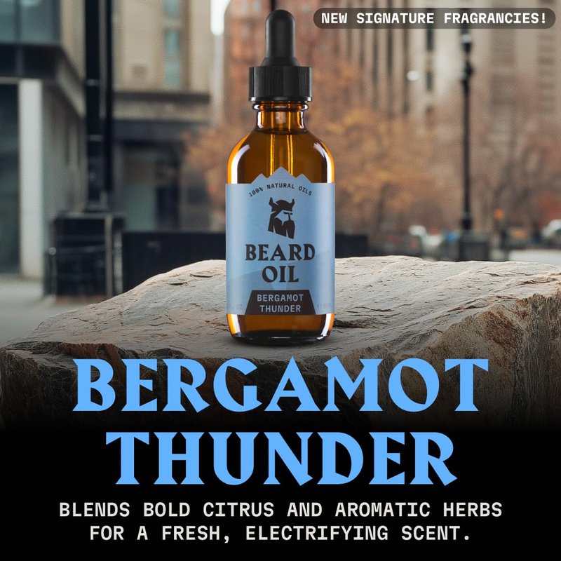 Striking Viking Beard Oil for Men -2 Fl Oz (1 Pack), Bergamot Thunder - Naturally Derived Conditioner with Almond, Tea Tree, Argan & Jojoba Oil for Beard Growth, Softening & Moisturizing
