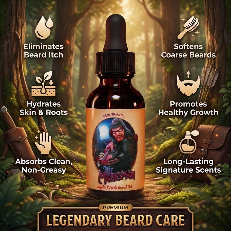 Fable Beard Co. Beard Oil - The Marksman, Crisp Pine & Warm Cedar Scented, Natural Beard Oil for Men with Jojoba & Argan Oils, Vitamin E, Beard Hair Softener, Made in USA (1 Fl Oz)