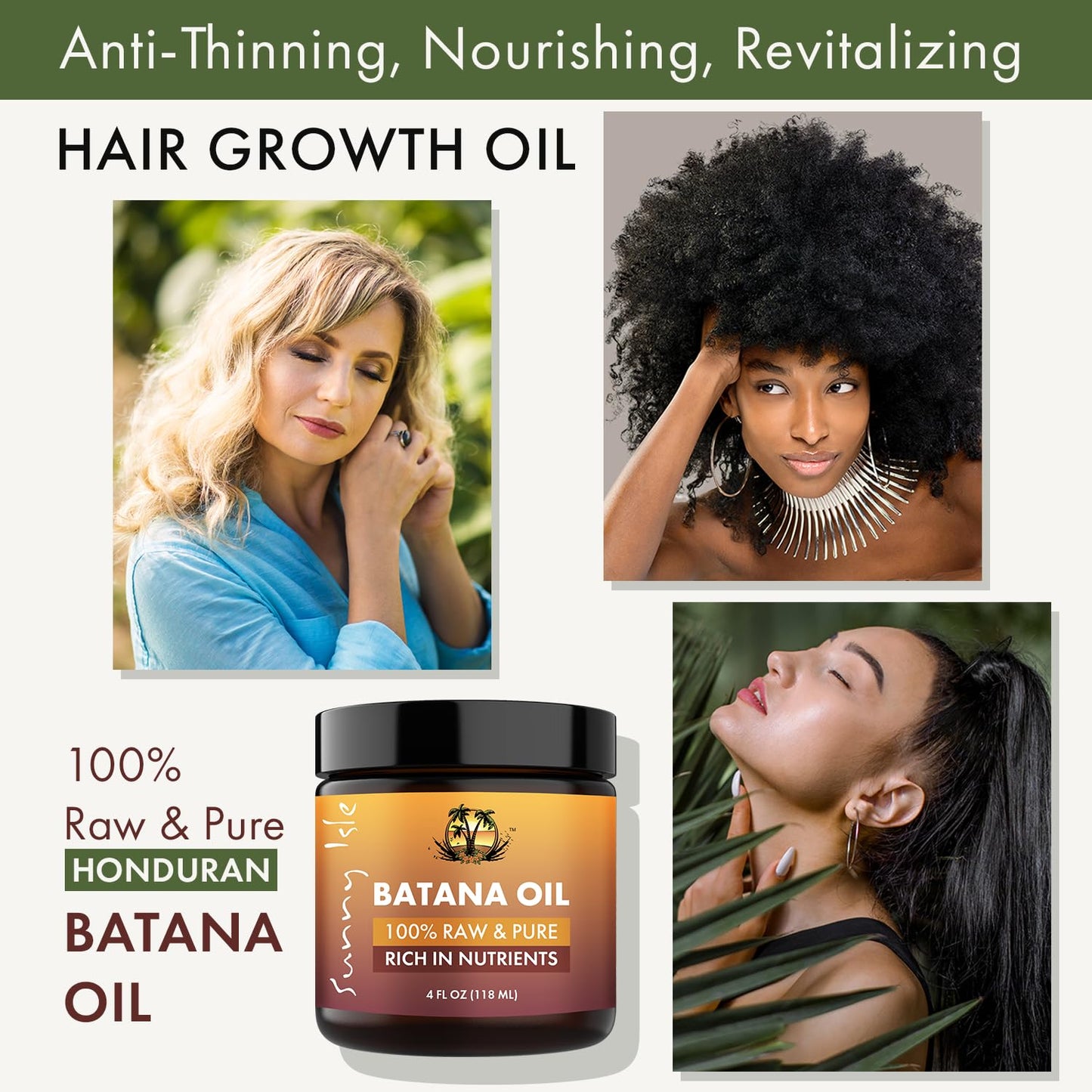 Sunny Isle Batana Oil - Raw & Pure, From Honduras, Promotes Hair Growth & Thickness - 4 Fl Oz