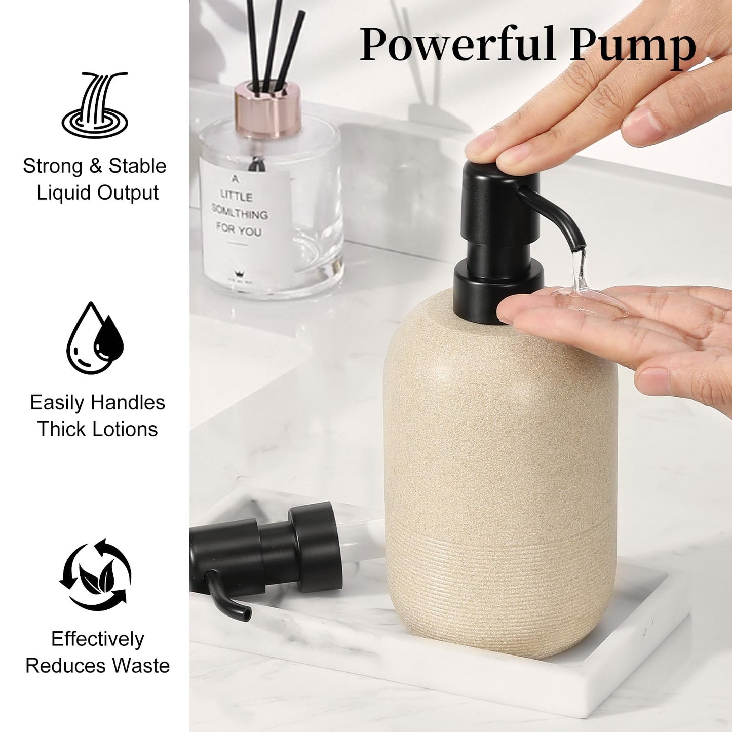 Luxspire 2 Set Soap Dispenser Cylinder-Shaped Resin and Gravel Liquid Soap Dispenser with Pump, 450ml Shampoo Container, Decorative Hand Soap Bottle for Bathroom, Kitchen and Hotel, Beige