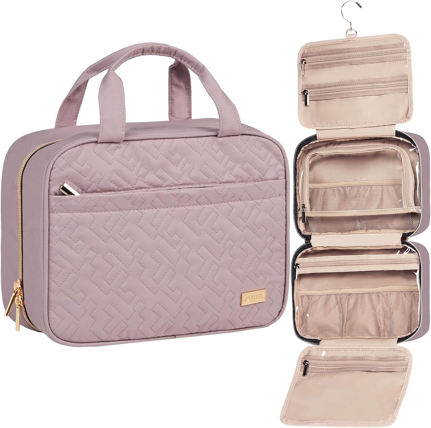 NISHEL Travel Toiletry Bag - Portable Hanging Organizer for Shampoo, Conditioner & Makeup | Medium Pink