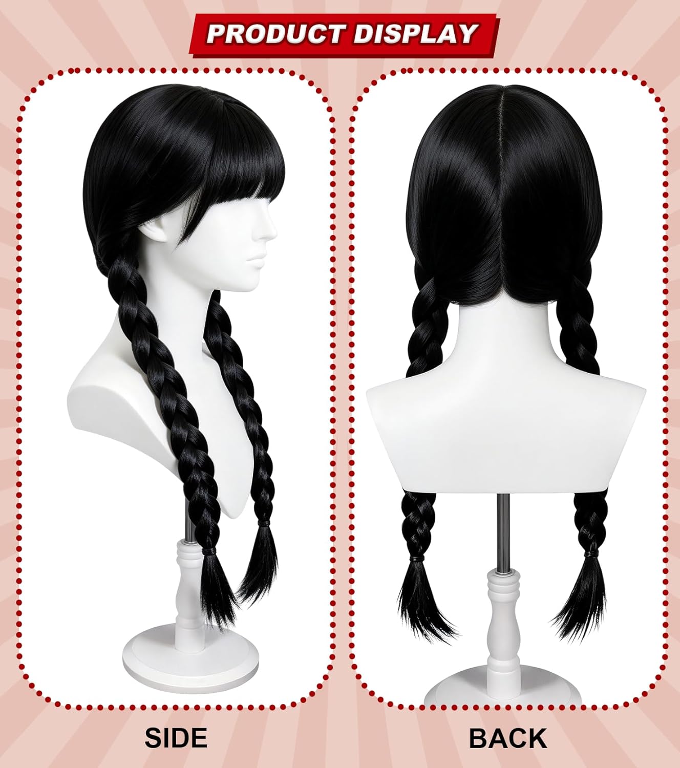 Women's Gothic Black Braided Wig - Long Straight Twin Ponytail Synthetic Fiber for Halloween & Party Costumes