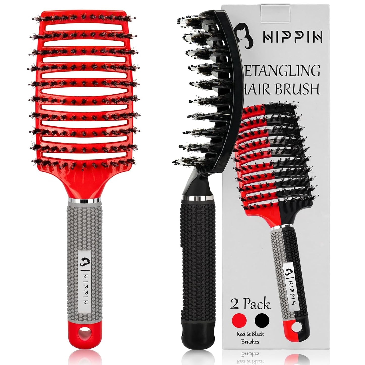 Boar Bristle Hair Brush Set - Curved Vented Detangler for Kids & Men | Adds Shine to Thick Curly Hair