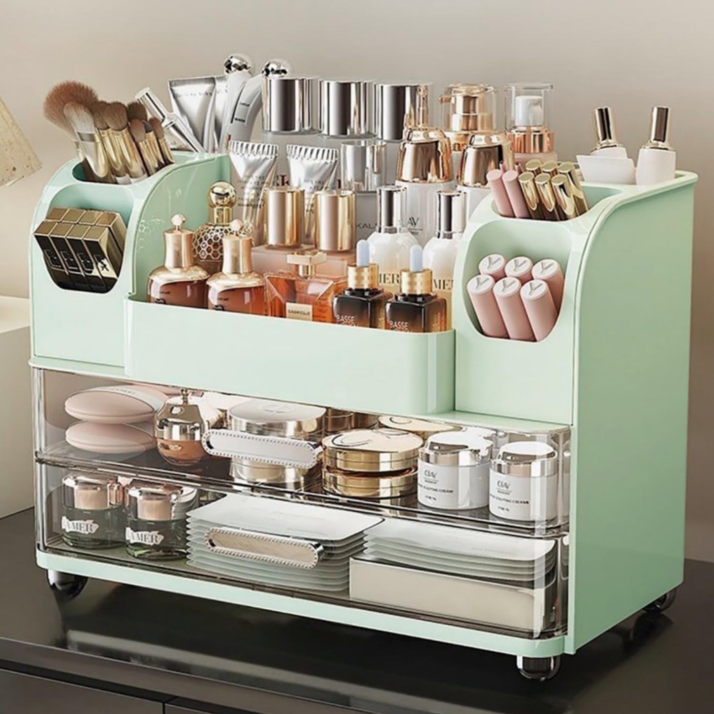 TIRUSS Makeup Organizer with Drawers for Vanity,Bathroom Countertop Organizer with Brushes Holder,Skincare Storage Organizer for Lipsticks,Nail Polishes, Perfumes,Eyeshadow Palettes (Green)