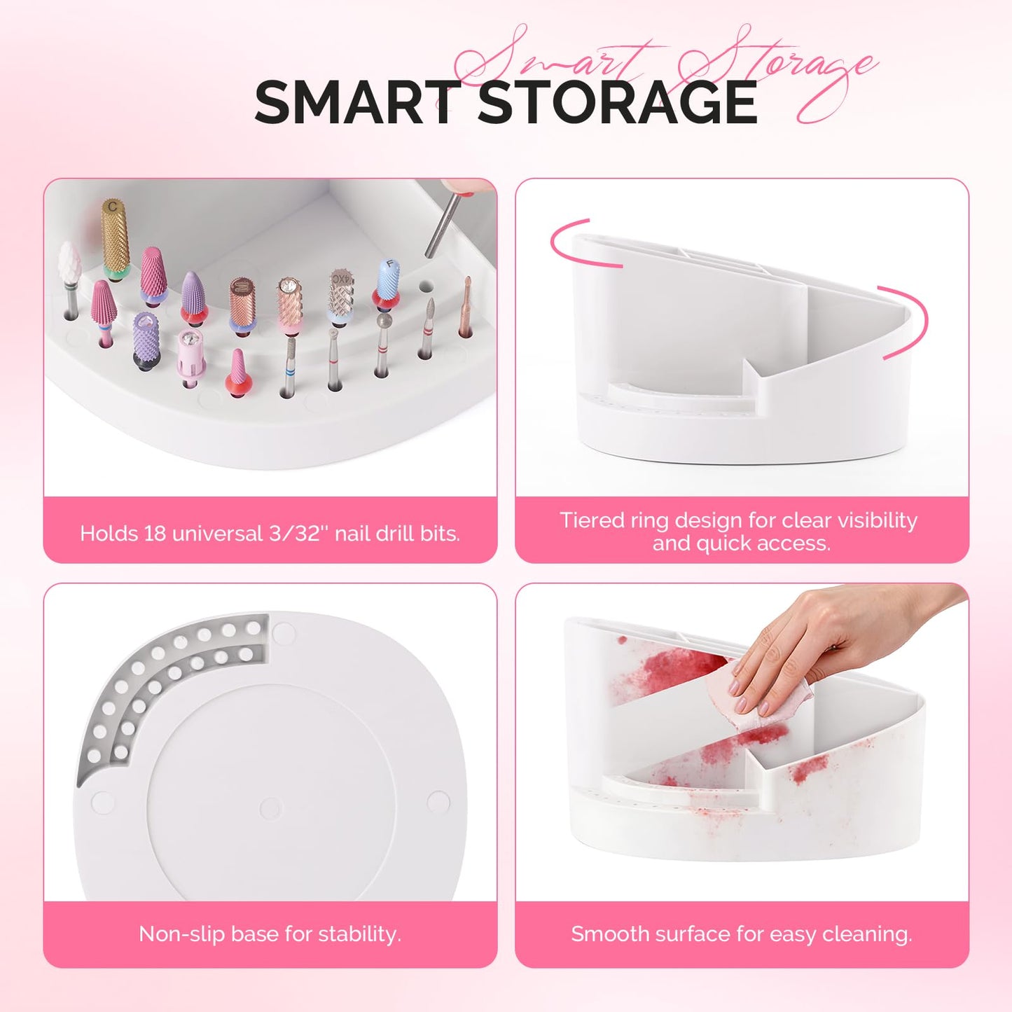 MelodySusie Nail Drill Holder and Nail Art Tools Storage Box, Large Capacity Sturdy Desk Organizer for 3/32" Nail Drill Bits, Nail Tech Supplies Container for Acrylic Salon & Home, White