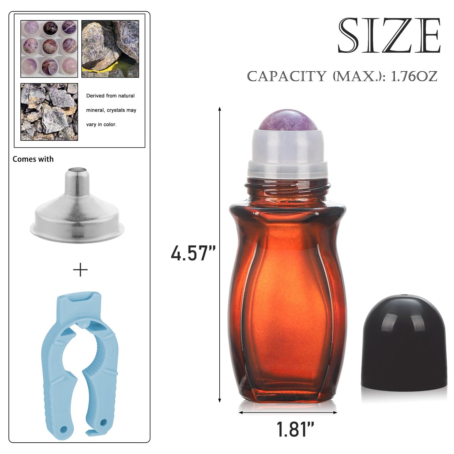 RAMFIYN 50ml Large Amber Glass Roll on Bottles for Essential Oils Perfume Refillable Quartz Roller Ball Applicator Empty Deodorant Containers with Crystal Rollerball