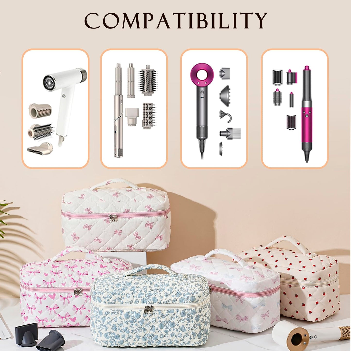 Quilted Cotton Hair Tools Travel Bag Compatible with Dyson Airwrap,Hair Styling Cosmetic Case for CurlingIron,Flat Irons and Attachments,Portable and Foldable Makeup Bag (01Blue Flower)
