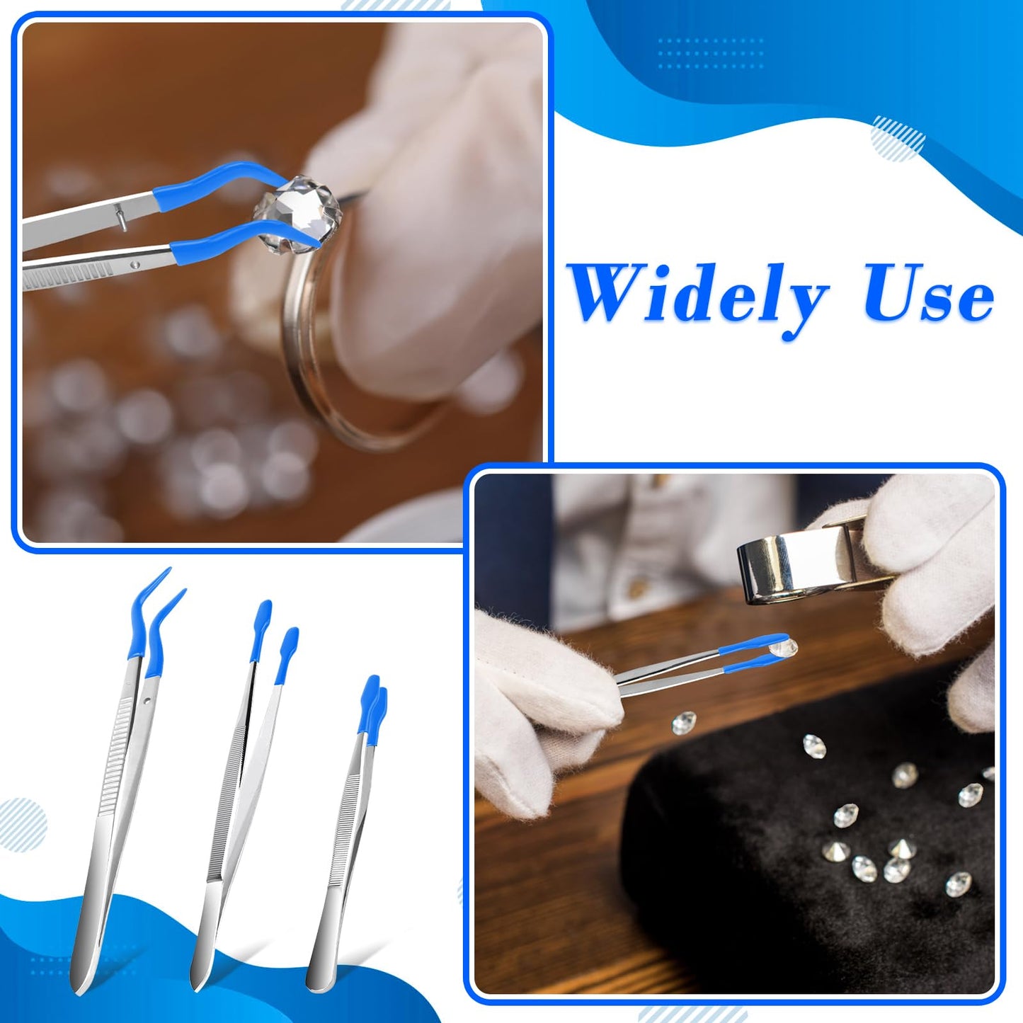 AngleKai 3PCS Tip Tweezers, Silicone Rubber Flat Tipped Tweezers Bent Tip for Jewelry Coin Stamp (Blue)