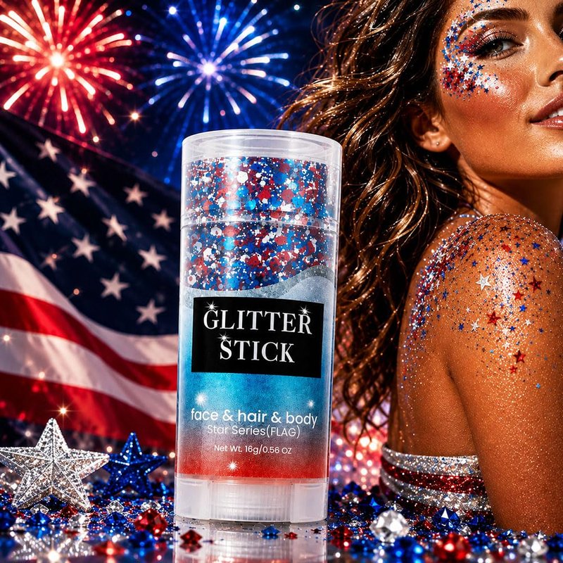 4th of July Glitter Stick, 2026 New Patriotic Red White and Blue Face Hair Body Glitter Stick, 4th of July Accessories Sparkling Glitter Makeup for Fourth of July Outfit Independence Memorial Day (1)