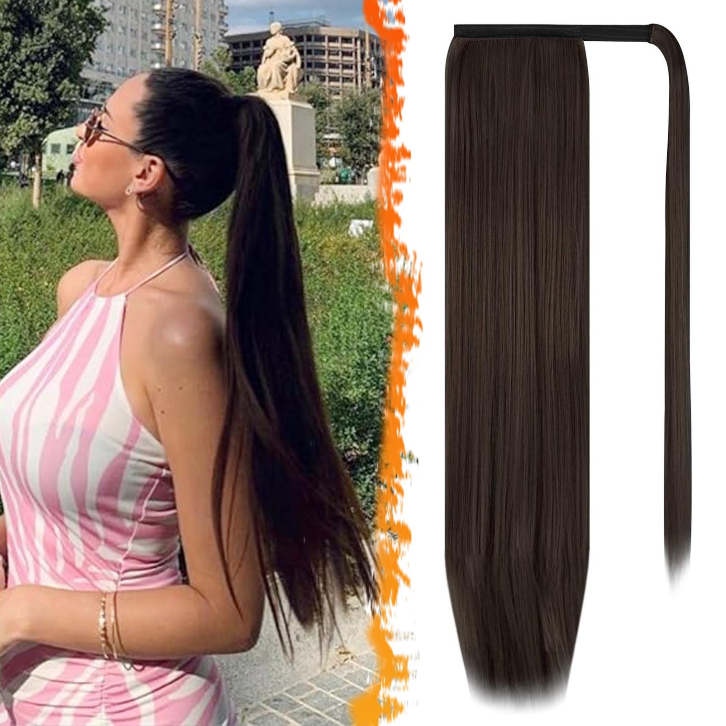 BARSDAR Dark Brown Straight Ponytail Extension - 30 Inch Long Straight Wrap Around Ponytail for Women, Clip in Ponytails Hair Extensions Synthetic Brown Pony Tails Hairpieces Daily