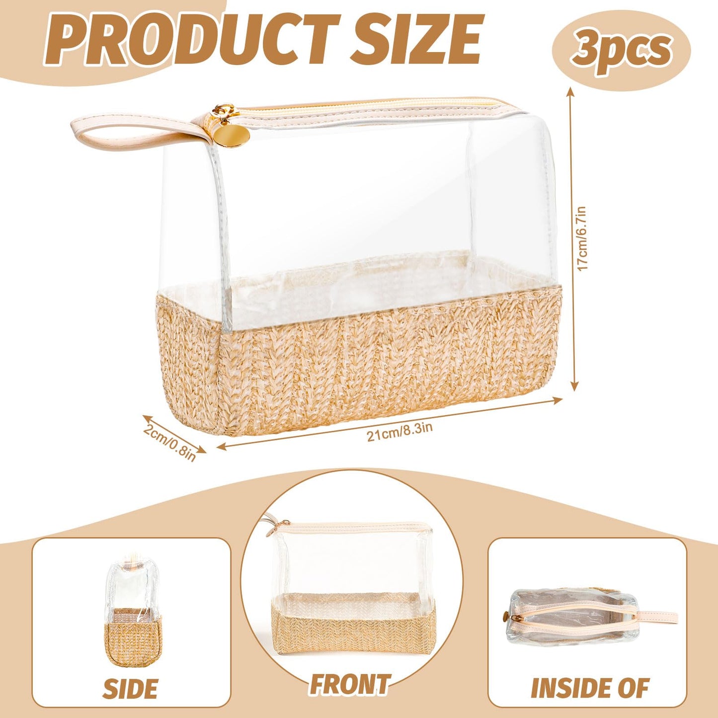 Whaline 3 Pcs Boho Straw Makeup Bag with Zipper Small Clear Travel Cosmetic Bag Waterproof Portable Toiletry Bags for Women Girls Men, 8.3 x 6.7 x 0.8 Inch
