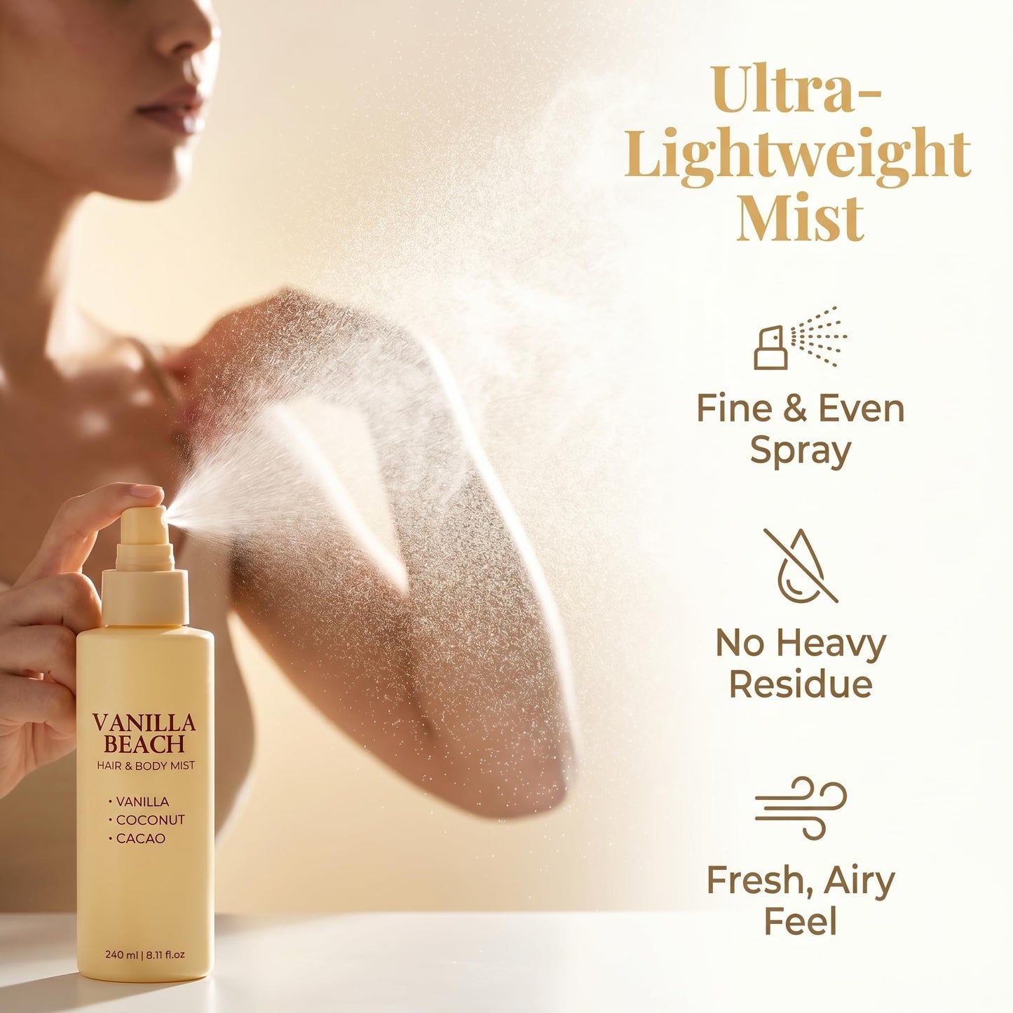 JEXZVR Vanilla Beach Hair and Body Mist - Warm Vanilla Coconut Fragrance Spray, Lightweight Refreshing Mist for Hair & Skin, Long-Lasting Tropical Scent, Summer Beach-Inspired Body Spray - 8.11 fl oz