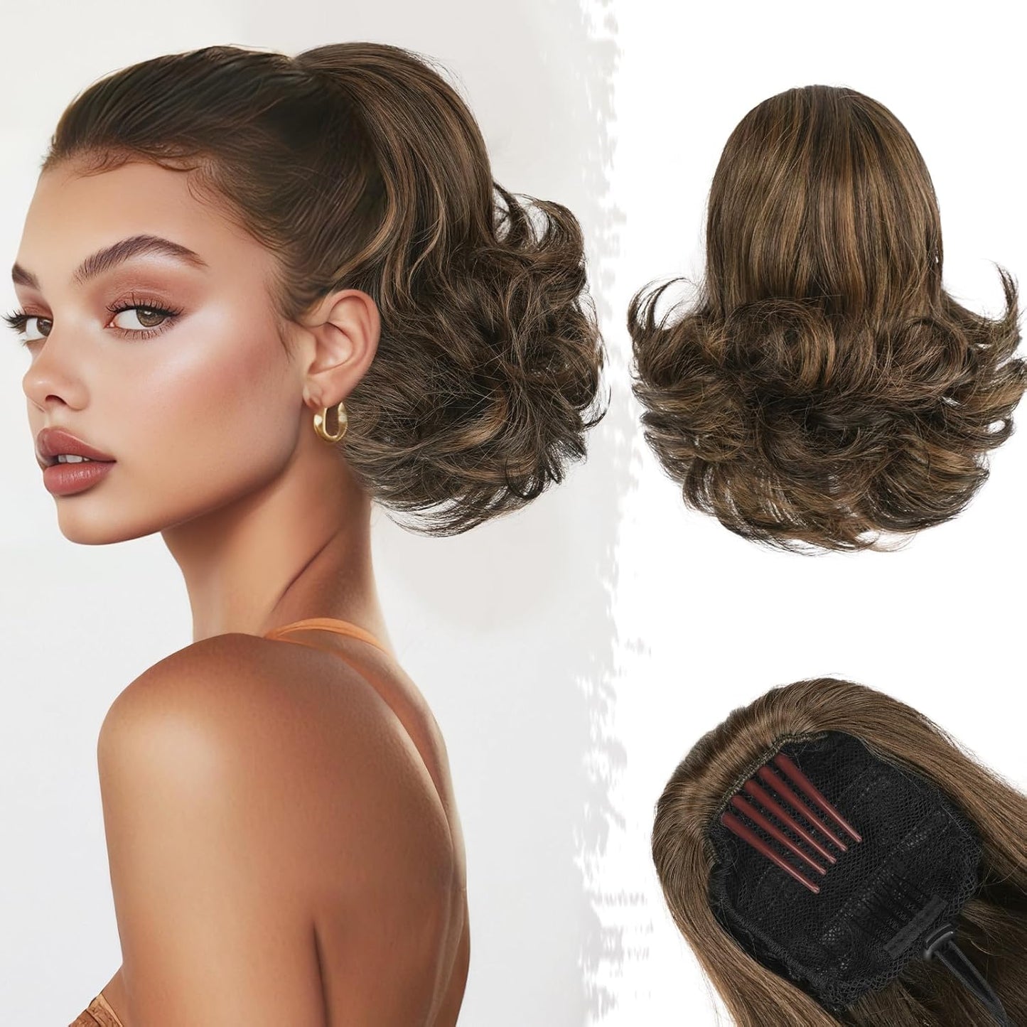 Dark Brown Ponytail Extension - 10 Inch Wavy Drawstring Hairpiece for Women | Synthetic Clip-In Ponytail