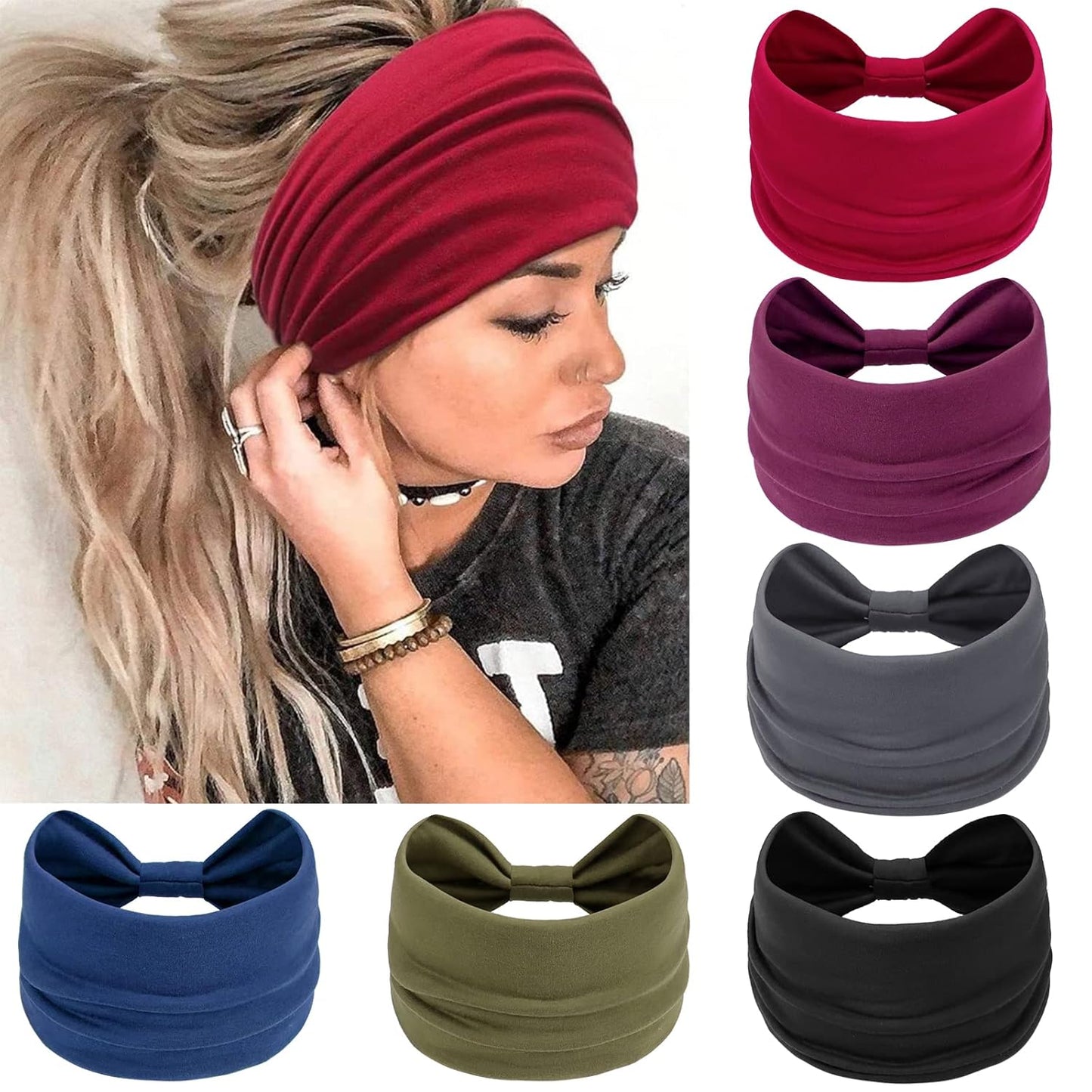 Wide Headbands for Women - No Slip Knotted Turban Hair Accessories | Dark Green Boho Style