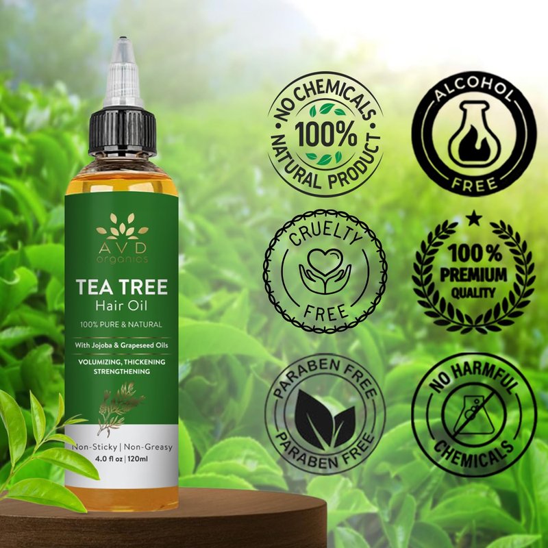 AVD ORGANICS Tea Tree Oil for Hair & Scalp 120 ML | 100% Pure and Natural Tea Tree Hair Oil | Soothes Itchy Scalp | Moisturize Skin Strengthen Hair | Ideal for Both Men and Women | 4 fl oz
