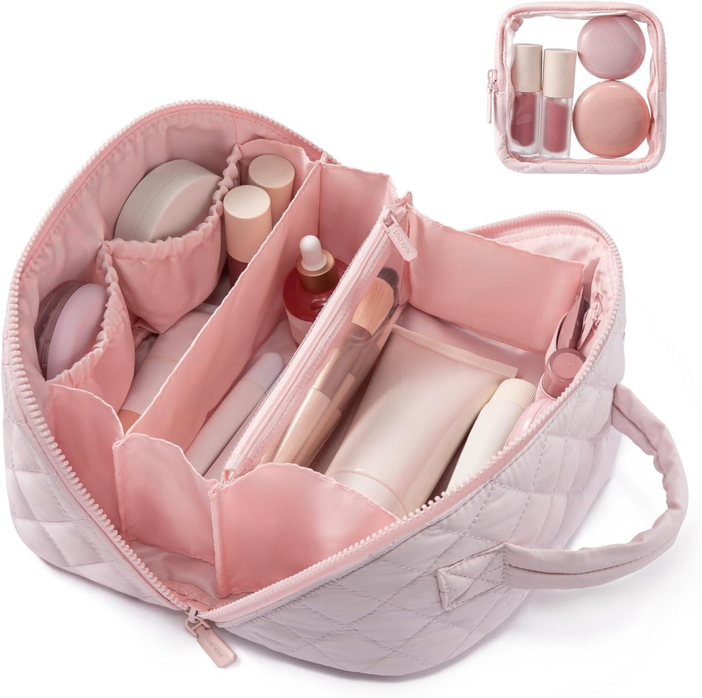 LOVEVOOK Travel Makeup Bag - Waterproof Cosmetic Organizer with Brush Compartment | Large Capacity Pouch in Pink, Medium
